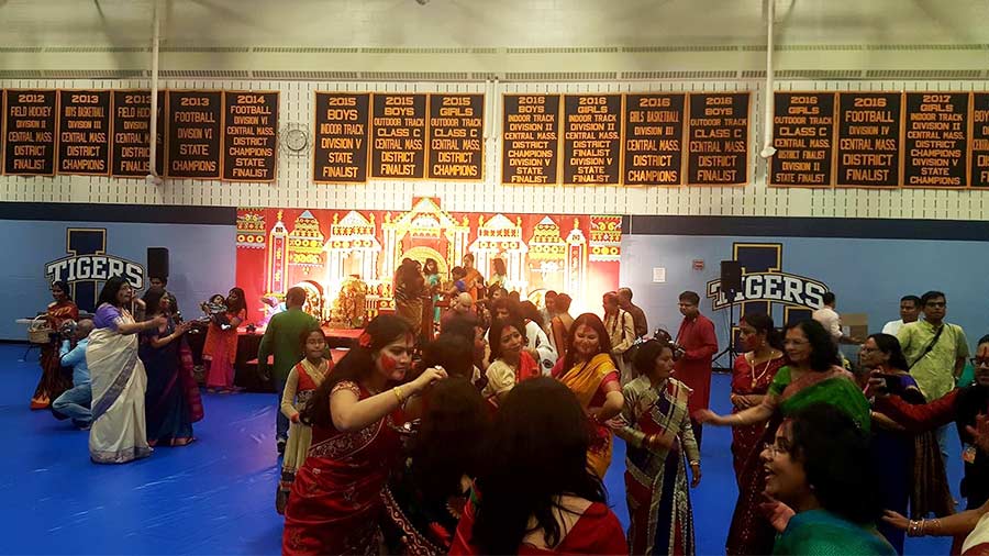 ‘Sindoor khela’ at Bangla O Biswa Durga Puja in Boston