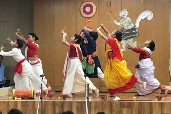 The assembly was an indirect learning for the students about the victory of good over evil. The festive fervour immediately set in with the chanting of the ‘Agomoni Gaan’