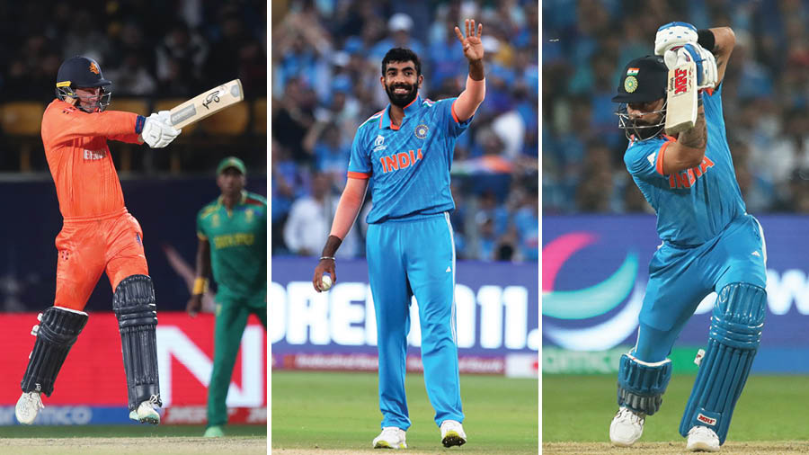 The second team of the week of the 2023 ICC Men’s Cricket World Cup in India includes the likes of (L-R) Scott Edwards, Jasprit Bumrah and Virat Kohli