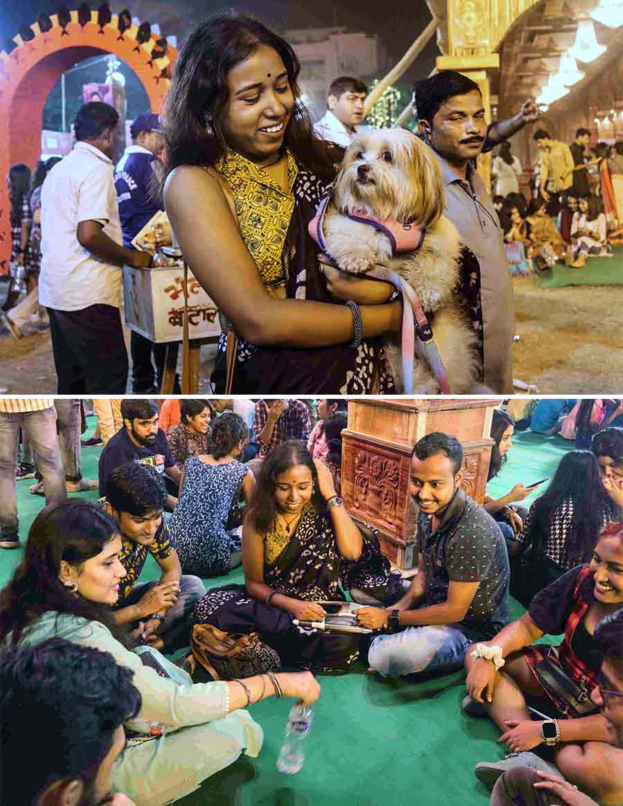 Maddox Square on Panchami night was bustling with a young crowd. A furry visitor was also spotted in the festive mood 