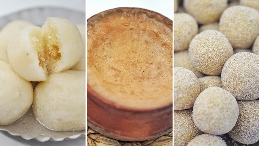 ‘Posto mishti’ is a sweet coated with kheer and has poppy seeds sprinkled on it