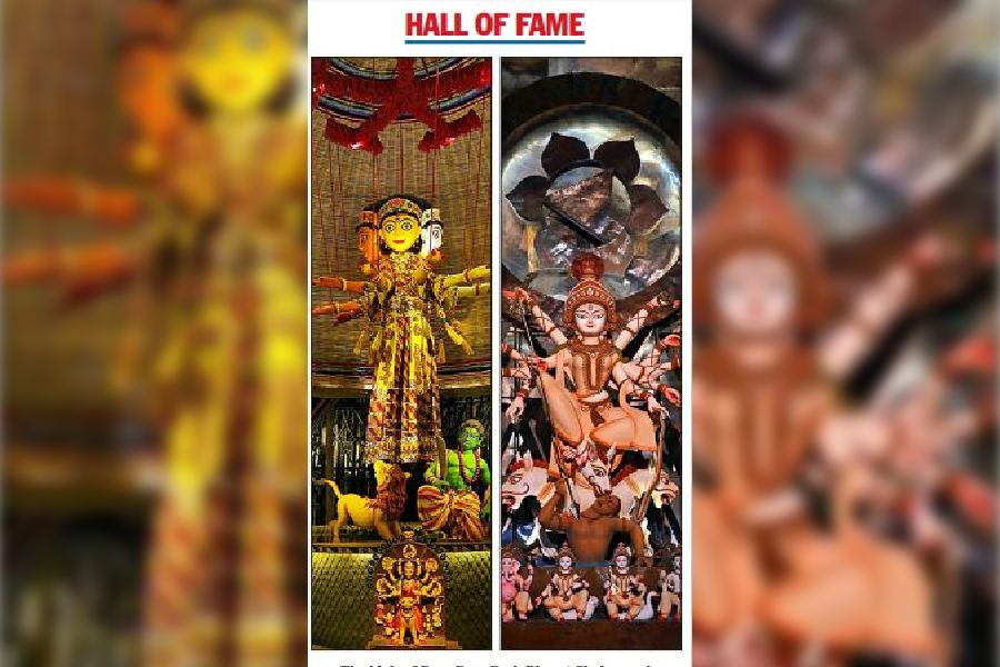 The idols of Dum Dum Park Bharat Chakra and Hatibagan Sarbojanin, which entered the Hall of Fame of the CESC The Telegraph True Spirit Puja by putting up a consistent show over the past five years