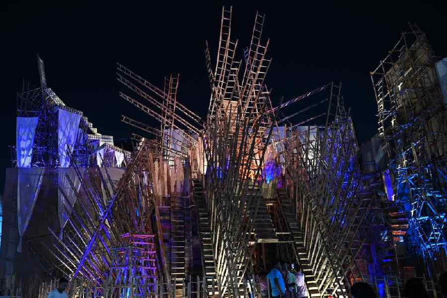 The pandal features various kinds of stairs, representing the ups and downs of life