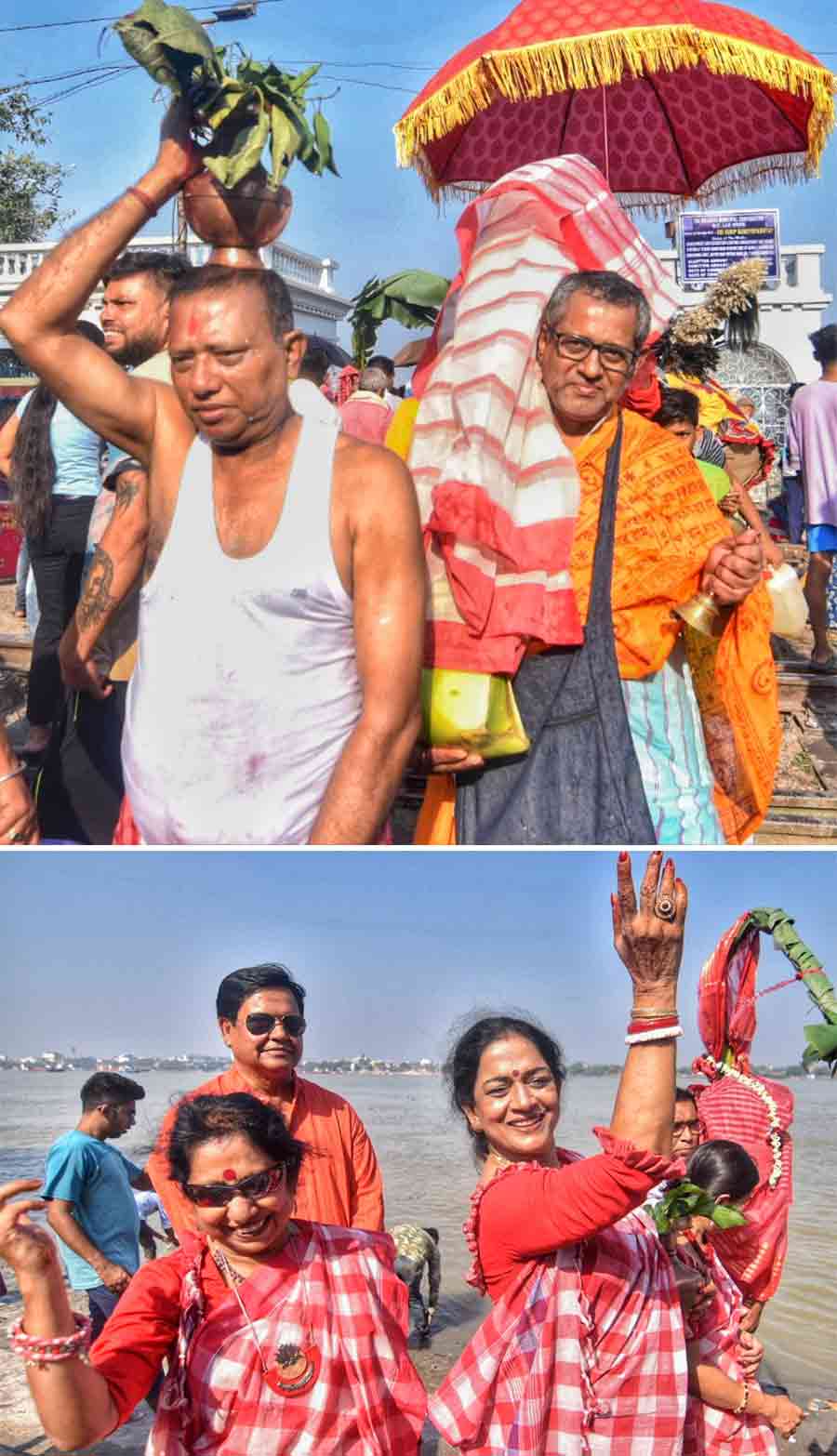 A ‘kolabou’ being carried after ‘nabapatrika snan’, a ritual typical of Saptami, at a Ganga ghat in north Kolkata and (below) women dance in joy to mark the occasion
