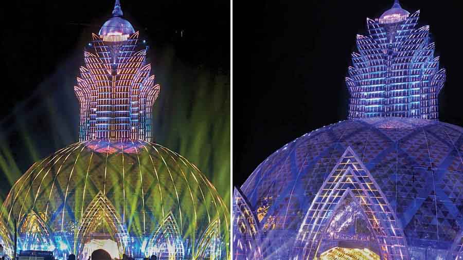 The dazzling Luminous Club Durga Puja pandal at ITI More in Kalyani is modelled on the Grand Lisboa hotel in Macau