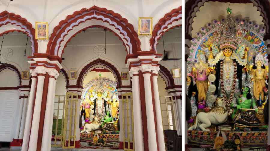 The Durga Puja of the Deb Biswas family is over 300 years old, and Dasghara’s most popular. The family’s Durga ‘protima’ has four arms, instead of 10, and Ganesh and Kartik are placed higher and on either side of Durga on the ‘ekchala’ arrangement, while Lakshmi and Saraswati occupy similar positions lower