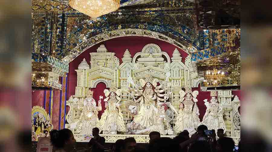 The exquisite idol of the goddess and her children inside the pandal