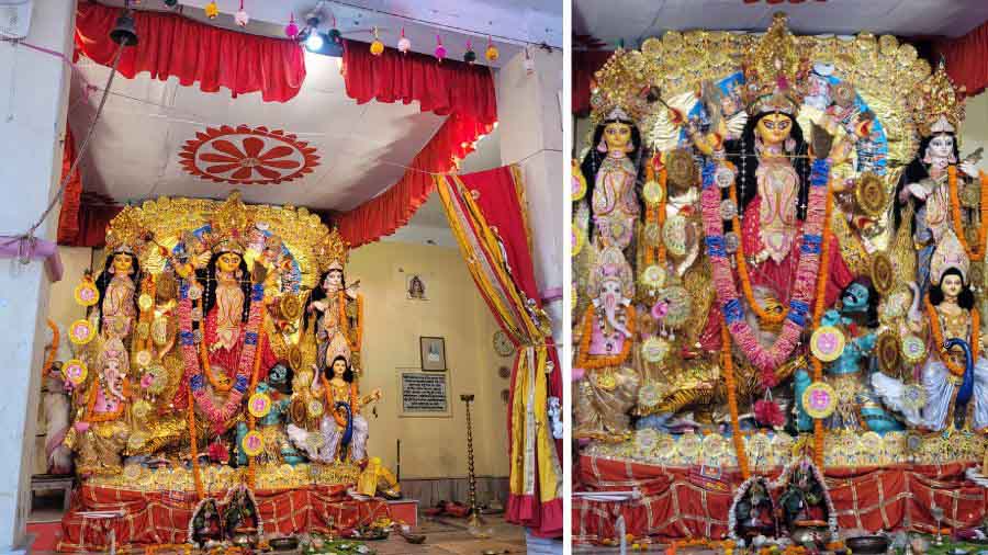 The Basu family’s puja, in a lane right beside the Deb Biswas estate, is about 420 years old. While the ‘thakur dalan’ and the home of the Basus has been renovated to modern concrete structures, their Durga idol still has a traditional make. Its most unique feature is the tiger-like stripes on Durga’s lion