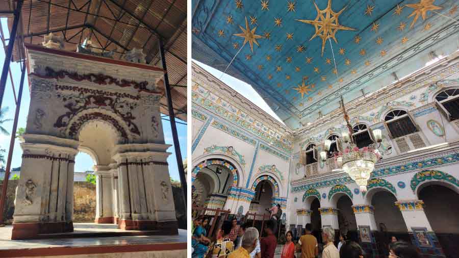 The Ray estate across the street has one of the most beautiful interiors of the three homes, with clearly European-inspired architectural features. An open space, possibly a ‘natmandir’ has a ‘rashmancha’ with stucco work featuring cherubs, while the ceiling of the ‘thakur dalan’ has gold star motifs on a blue canvas. Panels on the arch pillars in the ‘thakur dalan’ feature different avatars of Vishnu and Shakti, like Ram, Buddha, Chhinnamasta, Kali and more