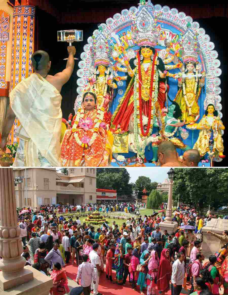 (Top) A young girl being worshipped during Kumari Puja at the Ramakrishna Math and Mission headquarters in Belur, Howrah, on Sunday and (below) thousands of visitors gathered to witness the puja
