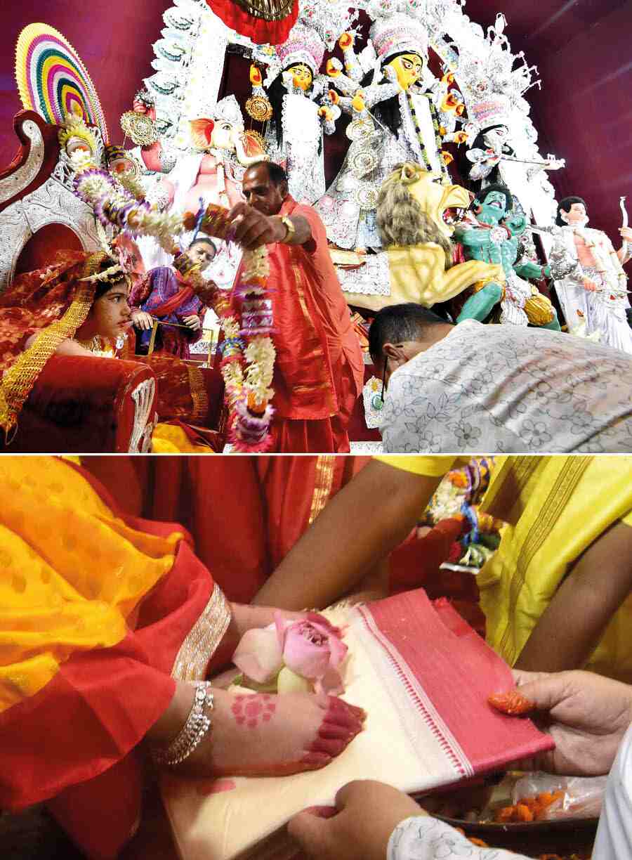 Kumari Puja rituals in progress at Bagbazar Sarbojonin Durga Puja pandal on Sunday 