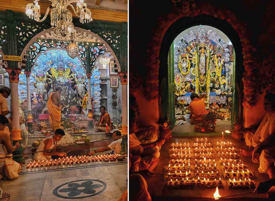 A total of 108 earthen lamps lit during Ashtami Sandhi Puja rituals at Jorasanko Daw Bari and (right) Halder Bari on Sunday