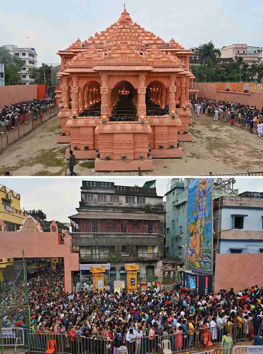 Thousands of visitors were seen jostling with each other for a glimpse of the Santosh Mitra Square puja pandal on Sunday. It has been modelled on the underconstruction Ram Mandir in Ayodhya, Uttar Pradesh 