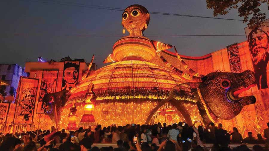 The Suruchi Sangha pandal adorned with the rich art and crafts of Bengal