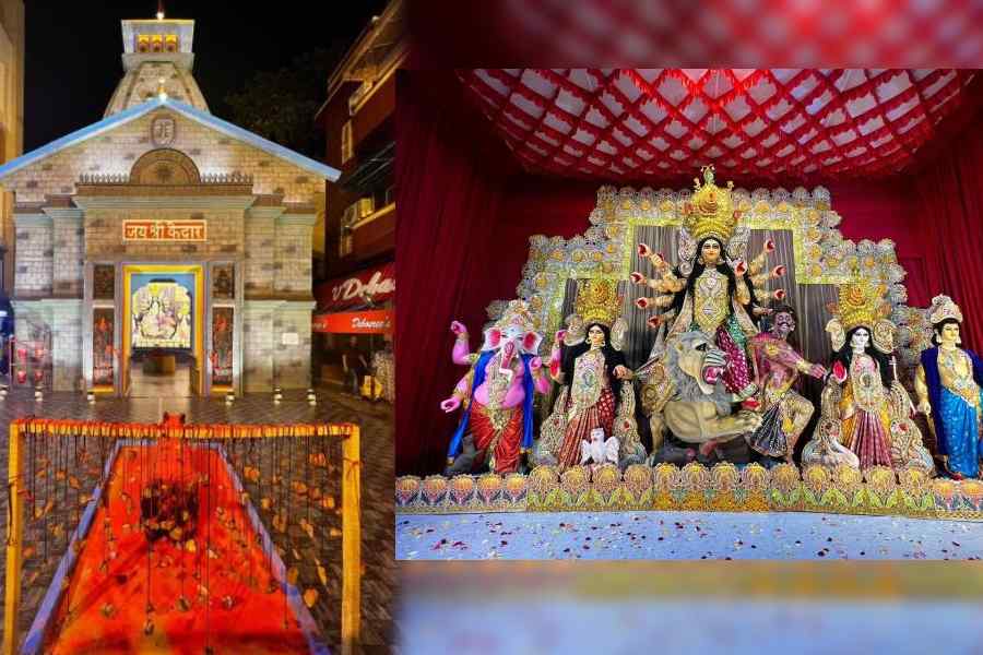 A south Calcutta Durga Puja pandal is inspired from Sri Kedarnath Temple in Uttarakhand. The theme of Hindusthan Tarun Sangha's puja at Hindusthan Park is "Ebar Jatra Kedarnath-e". The puja has turned 77 this year, said one of the organisers. The pandal is based on a theme but the idol (right) is traditional, he said