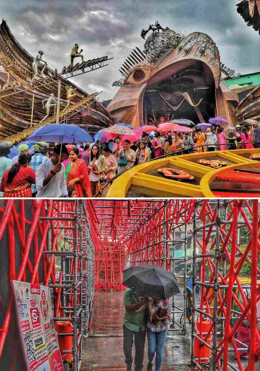 Deep depression over west central Bay of Bengal caused rain in several parts of Bengal. Kolkata on Navami morning received moderate rainfall causing pandal-hoppers to step out with umbrellas  