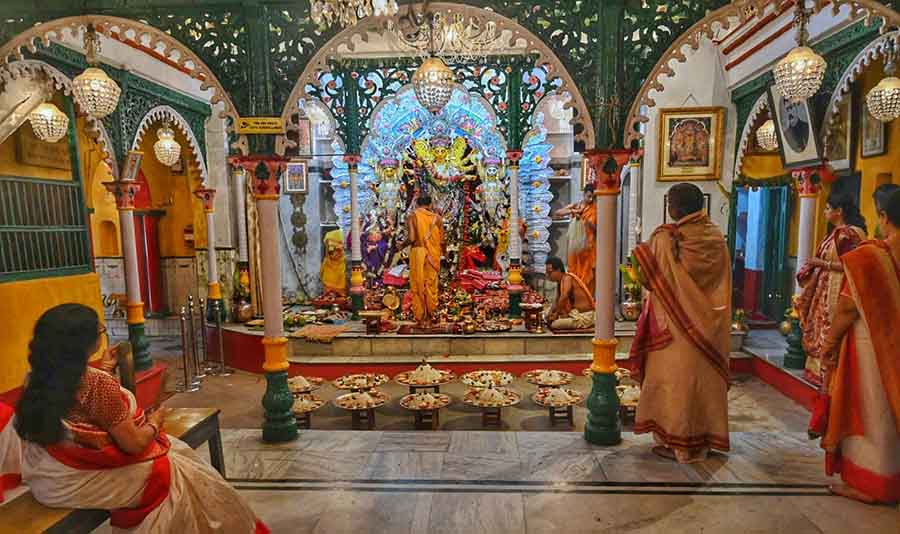 Glimpses of Navami pushpanjali and Kumari puja at Daw Bari on Monday  