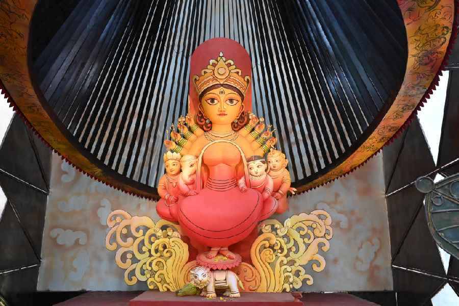 The Durga idol at the State Bank Park Sarbojanin puja in Joka.