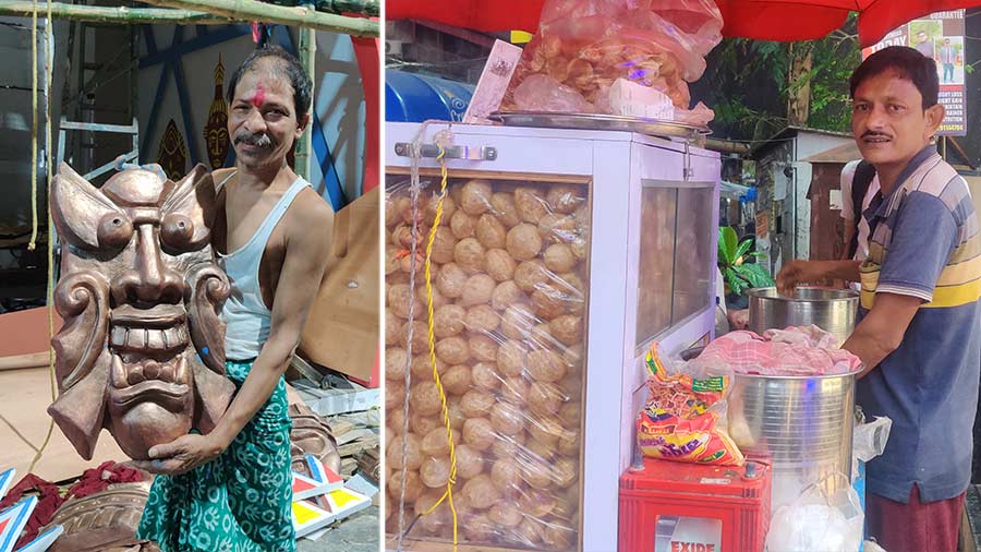 Jayanta Das runs a small 'decorator' business; (right) Rakesh Gupta has been selling phuchka in the bylanes of Behala