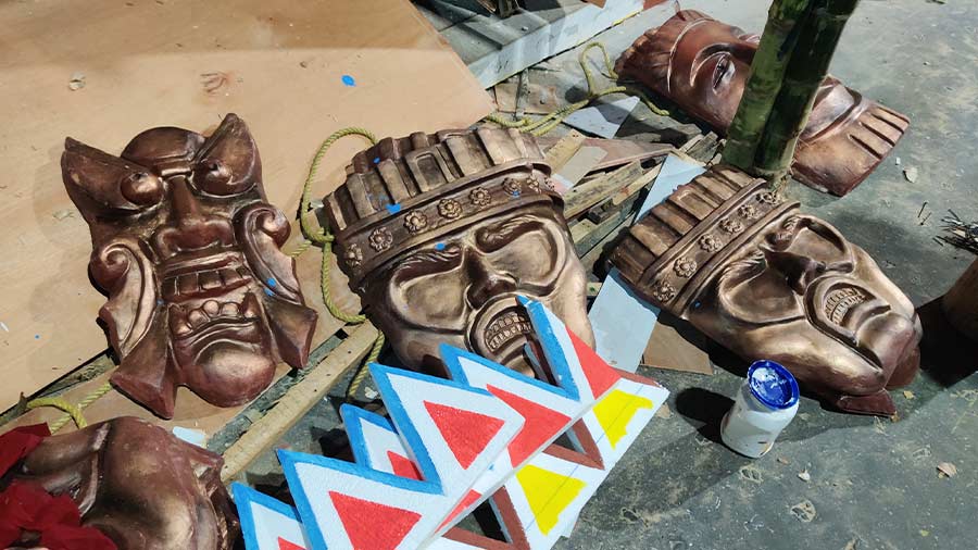 Props made by Jayanta Das for South End Club's tribal theme pandal