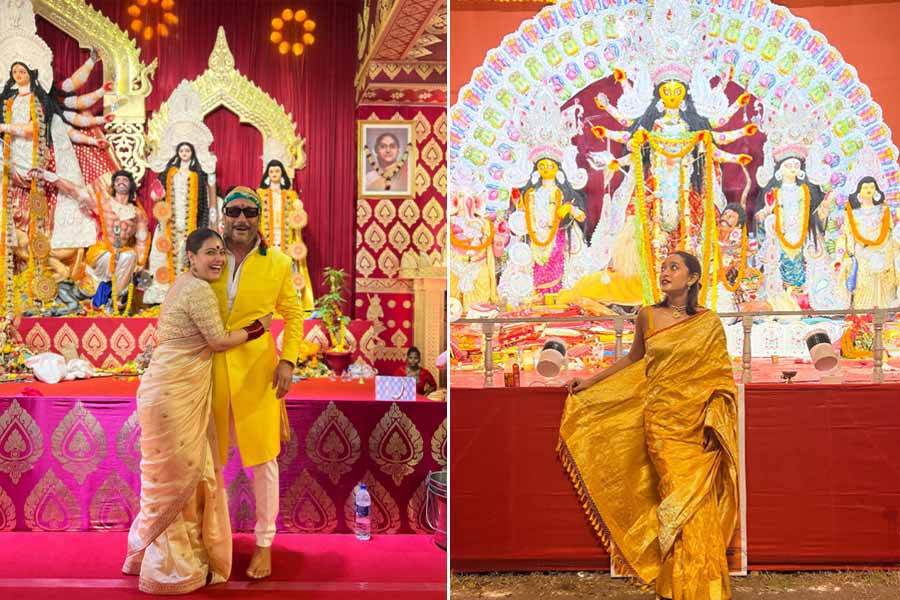 Kajol with Jacky Shroff at North Bombay Durga Puja pandal; Sayani Gupta looked gorgeous in a gold sari.