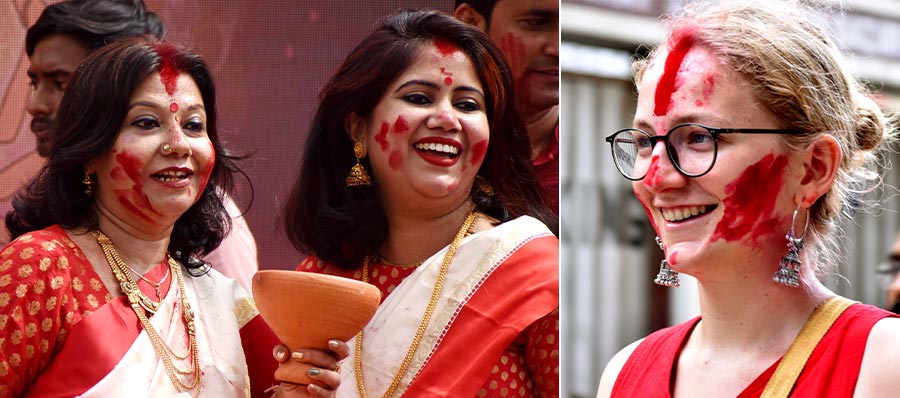 On Dashami, women at Bagbazar adorned each other with vermilion before preparing for the ‘bisarjan’ ritual  