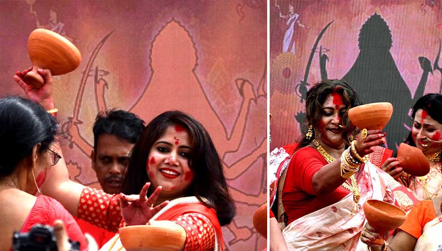 Women in red and white saris, smeared in ‘sindoor’, participated in the final celebrations  