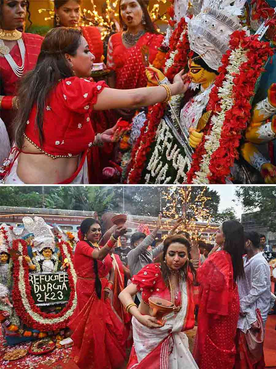The city witnessed a graceful ‘dhunuchi naach’ and ‘boron’ rituals by the transgender community at Esplanade Tram Depot  