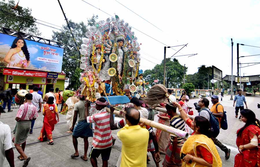 Durga idol of Sovabazar Rajbari on the way for immersion  