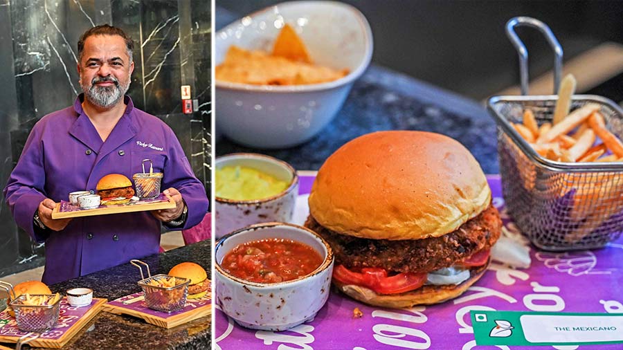 Celebrity chef Vicky Ratnani with a plate of his famous burger at Novotel Kolkata Hotel & Residences and (right) the chef-recommended Mexicano Burger