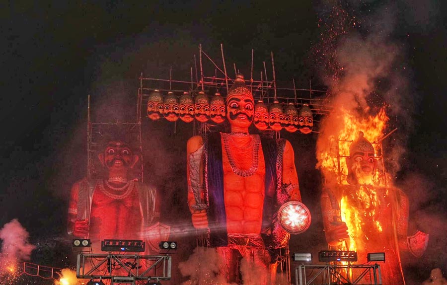 One of the effigies set ablaze to symbolise the victory of righteousness over malevolence. “We brought in artists from various regions to enthral the audience. Besides the cultural performances, a series of sacred rituals preceded the effigy burning, with an audience exceeding 25,000 enthusiastic participants,” said Lalit Beriwala, chairman of Trust Board of Salt Lake Sanskritik Sansad