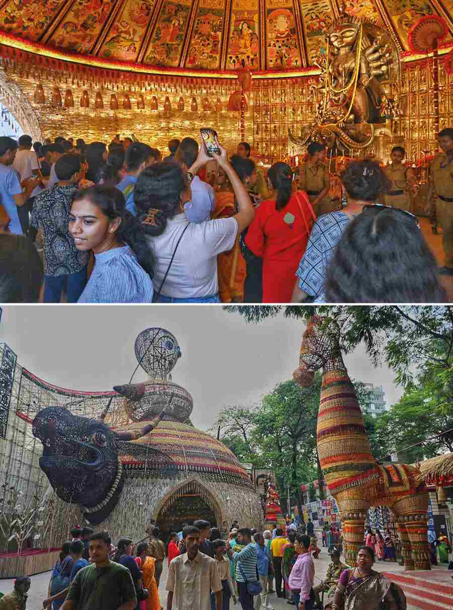 Puja revellers take the last opportunity to visit pandals. On Ekadashi, pandal hoppers thronged Suruchi Sangha in south Kolkata  