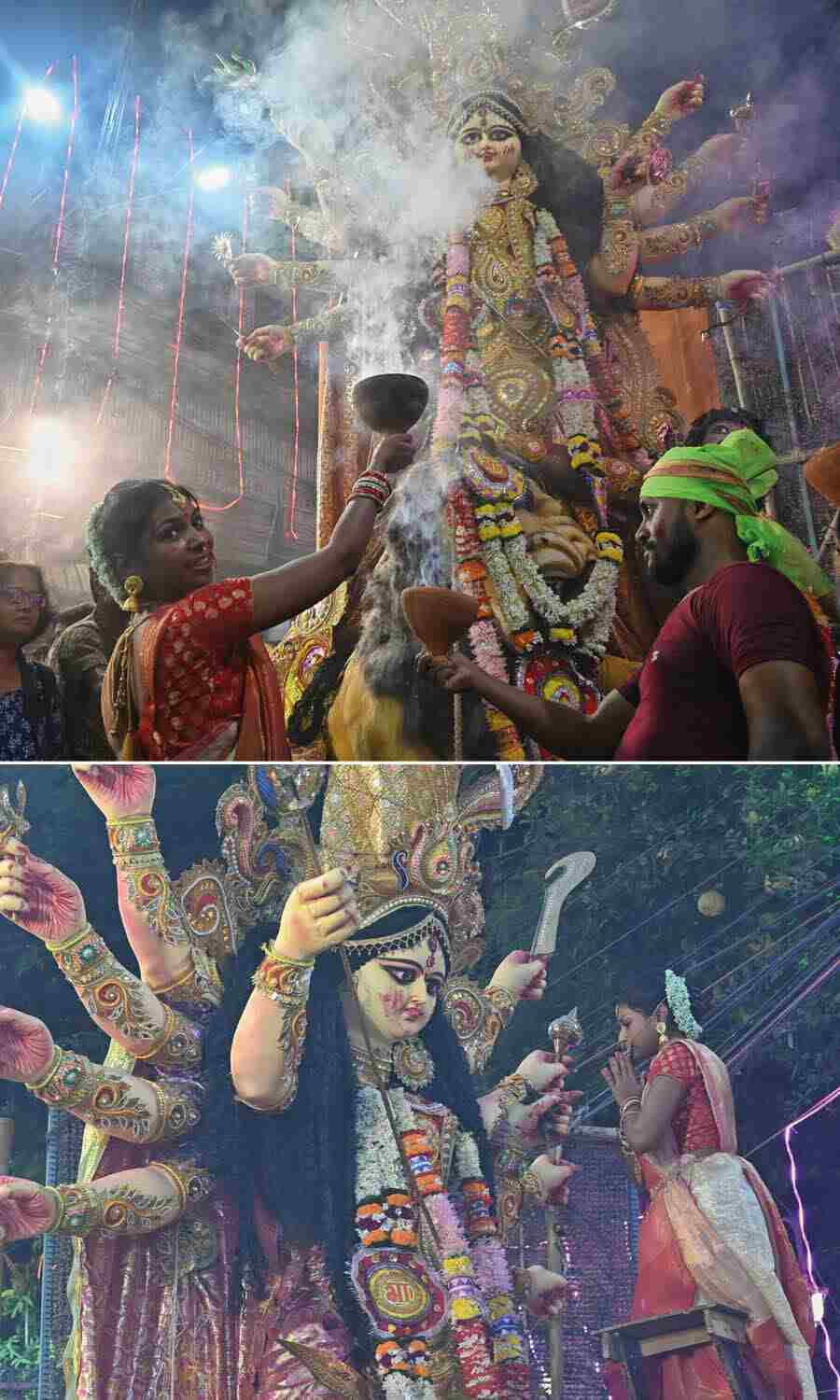 Women participate in ‘Dhunuchi naach’ at Tal Betal before the immersion of Durga idol on Wednesday at Bagbazar   