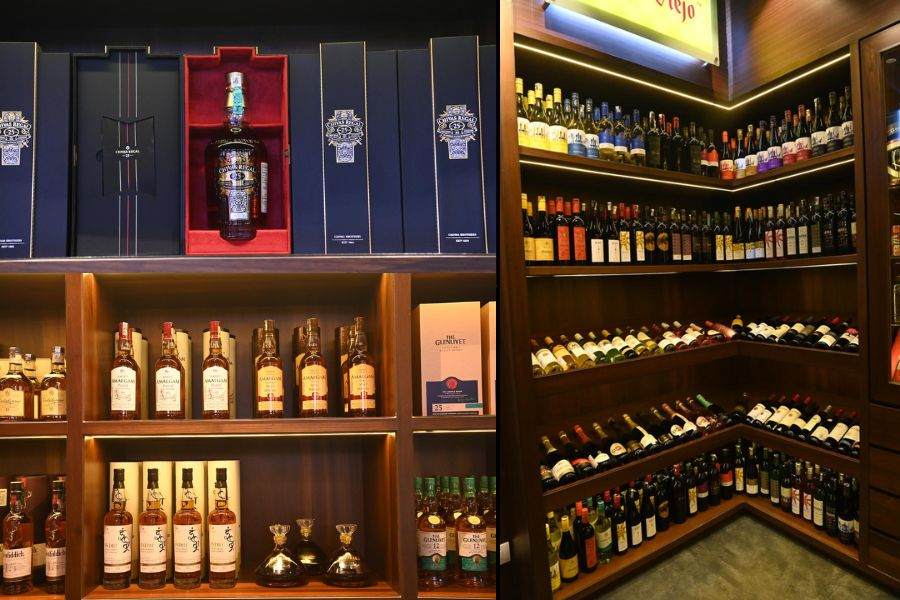 (Top left) A rare Chivas Regal 25; (Bottom left) Emporio features some homegrown bestsellers, like Indri single malts; (Right) Patrons can choose from a range of wines 