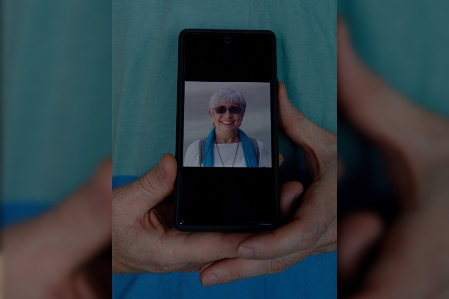 An image of Vivian Silver, who is believed to be a hostage in Gaza, held by one of her sons in Tel Aviv, Israel, Oct. 22, 2023. Silver, 74, is a peace activist who spent decades volunteering to help people from Gaza.