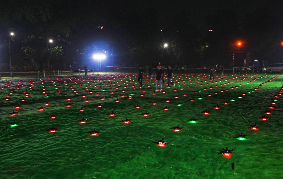 Six hundred drones sit on the grass at the Park Circus grounds before they took flight to put up an amazing 15-minute show, which the organisers claimed was the first-of-its-kind aerial light and sound show on Ravan Dahan in India