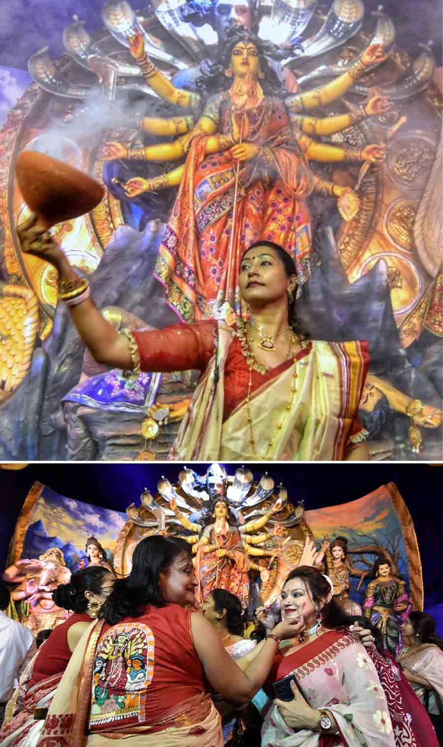 The Durga idol at Mohammad Ali Park was immersed on Thursday. Before the bisarjan, women participated in “sindoor khela” and “Dhunuchi naach” 