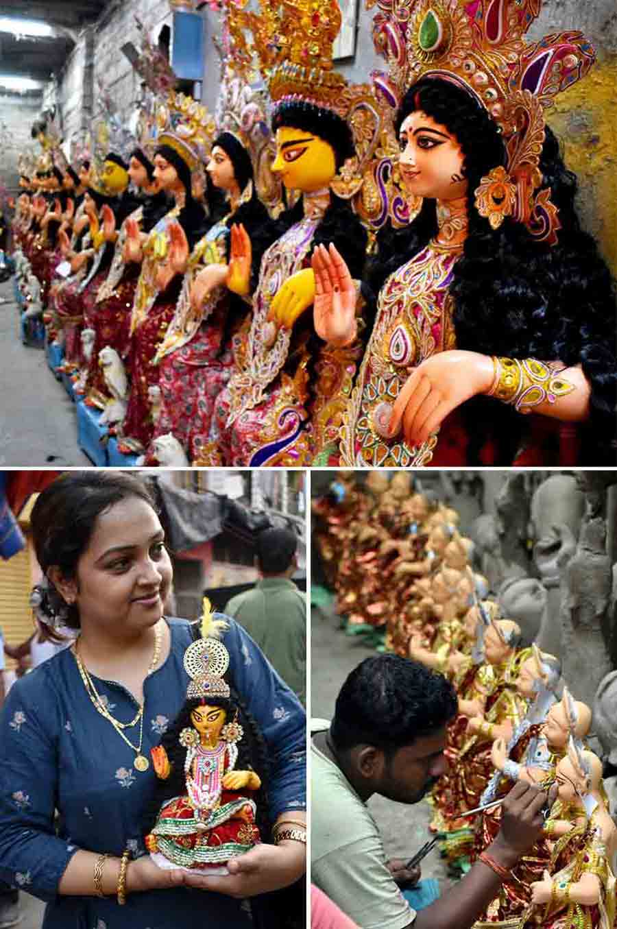 Two days ahead of Lakshmi Puja, artists are working overtime to finish the idols to meet the deadline. Kojagari Lakshmi Puja 2023 will take place on October 28, 2023 between 10:55 pm and 11:46 pm. Purnima tithi will last 50 minutes, beginning at 4.17 am on October 28 and end at 1.53 am on October 29, 2023 