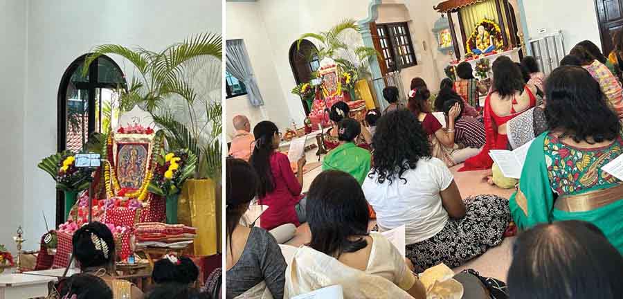 Glimpses from Durga Puja at Ramkrishna Mission, Singapore. Every day of Puja, there is a ‘paath’ and songs at the RKM complex. Interestingly, there's no idol of Durga at this Puja. A photo of the goddess is worshipped every year