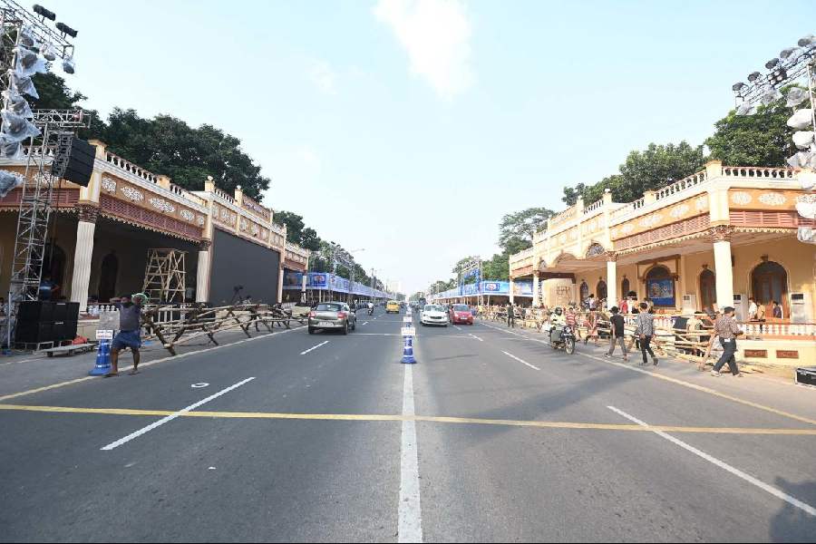 Red Road being prepared on Thursday for the Durga Puja carnival on Friday.