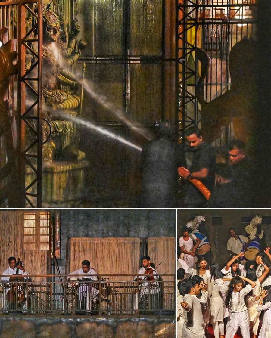 The idol of goddess Durga and her children at Tala Prottoy were force-melted by jets of waters on Thursday night even as youths celebrated the immersion through dance and live music. The puja committee has been practising this particular way of immersion to save the Hooghly from pollution