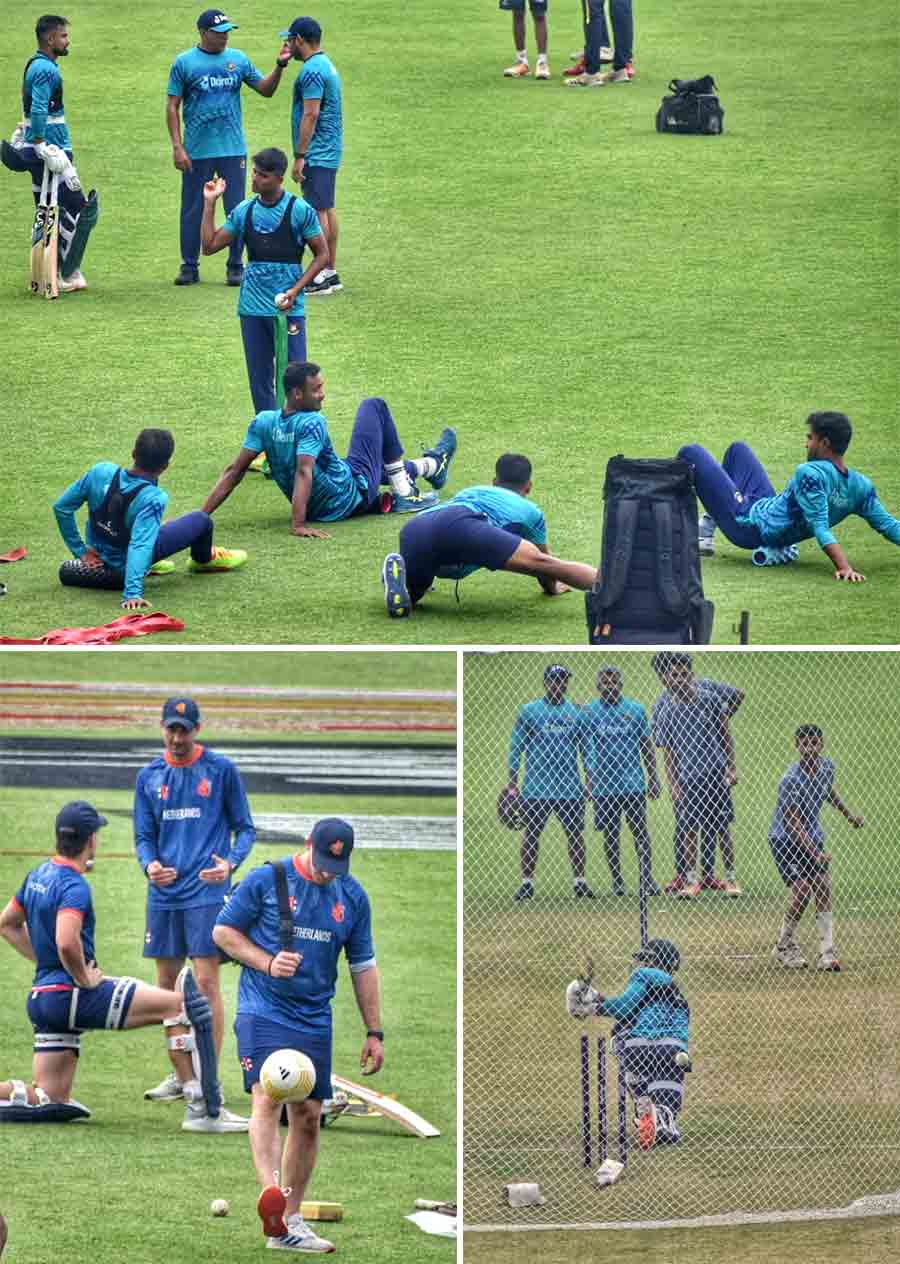 Players of Bangladesh and The Netherlands during net practice at the Eden Gardens before their face-off on Saturday 