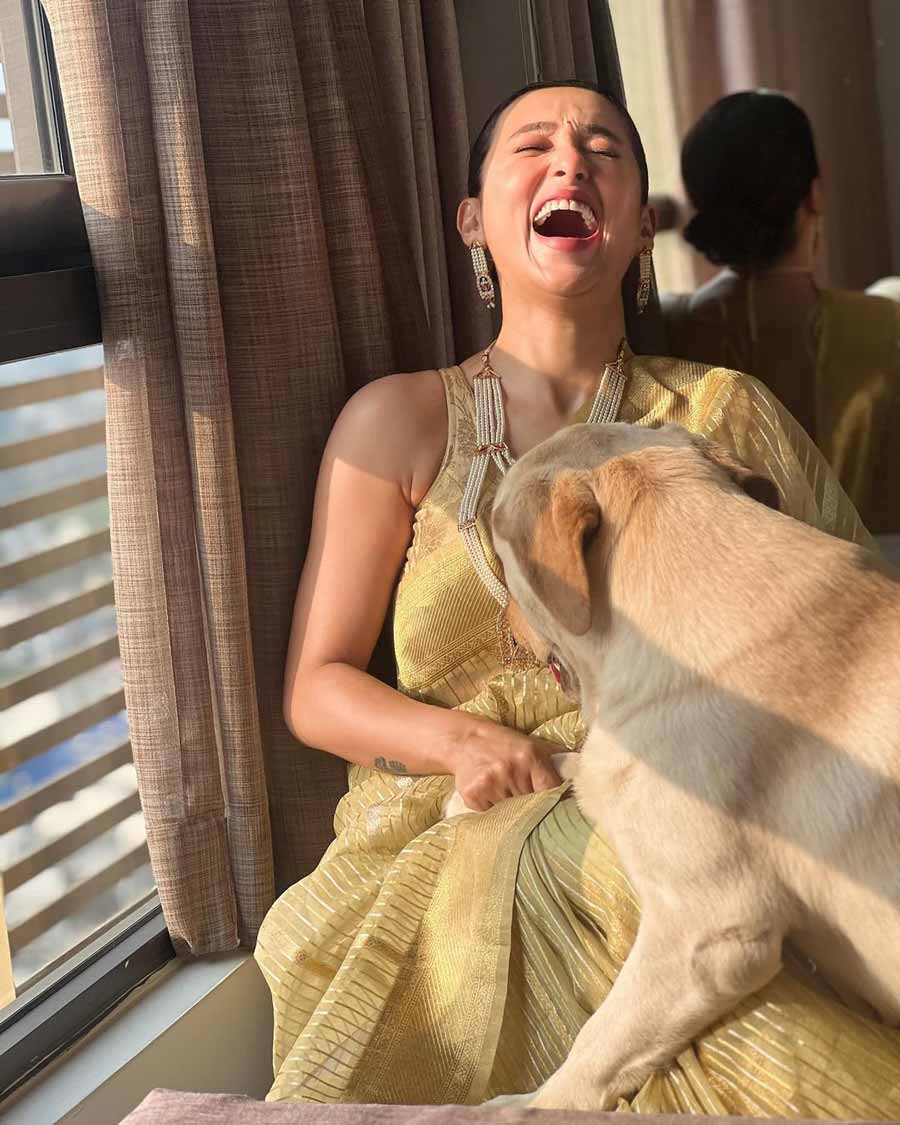 Actress and Lok Sabha MP Mimi Chakraborty posted this photograph on her Instagram handle with the caption: ‘Mom lets drape that saree for you😅😅😅’