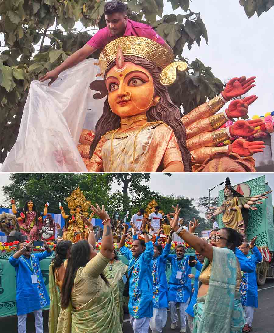 Preparations for the Durga Puja Carnival on Red Road began right from early on Friday morning with tableaux of different puja committees queueing up at the Kidderpore end of the grand avenue 
