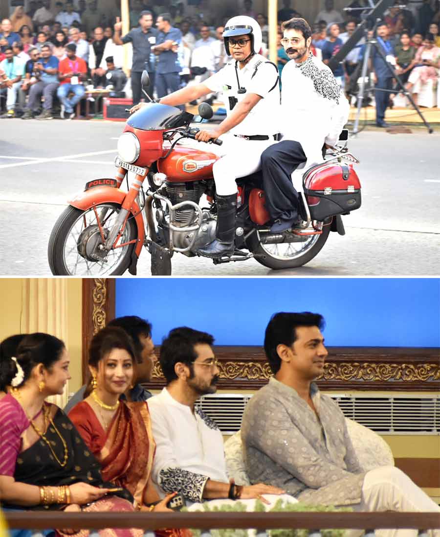 The Bengali film industry’s evergreen superstar Prosenjit Chatterjee arrives at the main pavilion riding pillion on a traffic police officer’s bike before he sat down with other guests like actor-MP Dev Adhikari
