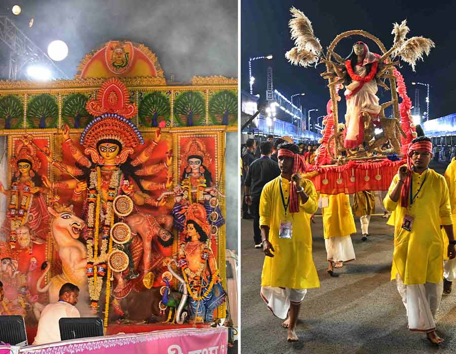 The modes of transport that Ma Durga used to arrive on Red Road varied from trailer trucks to palanquins carried by bearers 
