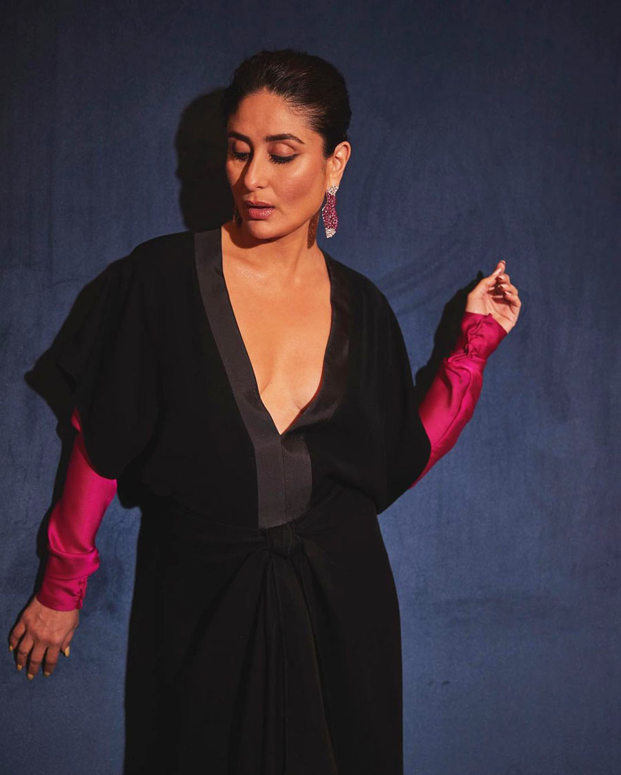Kareena Kapoor sported a black dress with pink full-sleeves. The actress, whose new film The Buckingham Murders was screened at the festival’s opening night, paired her outfit with pink-and-grey drop earrings.