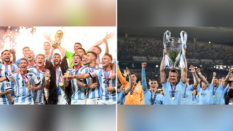 Messi celebrating his World Cup win with Argentina; (right) Erling Haaland poses with the UEFA Champions League trophy alongside his Manchester City teammates 
