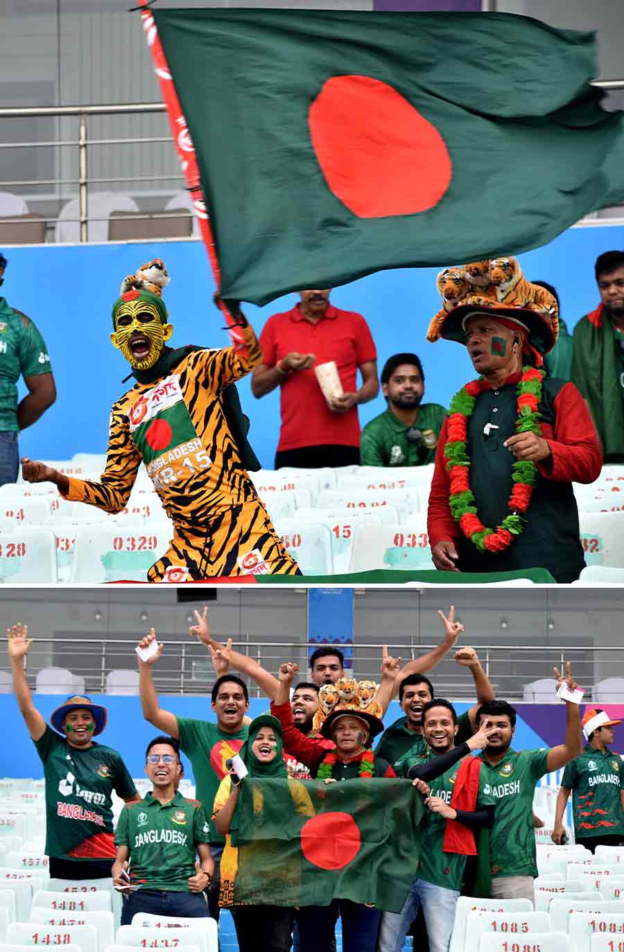 Supporters of Bangladesh cheer for their country ahead of the ICC Men’s Cricket World Cup 2023 match between Bangladesh and The Netherlands at the Eden Gardens on Saturday afternoon