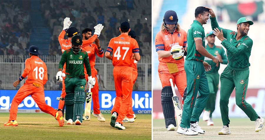 The Netherlands and Bangladesh players exult at dismissals at the Eden Gardens during their face-off in the ICC Men’s Cricket World Cup 2023 on Saturday 